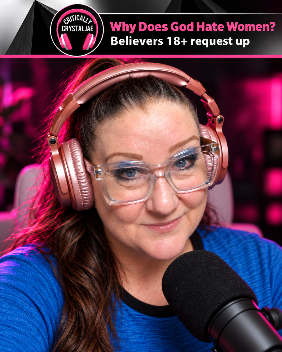 CrystalJae wearing rose-gold headphones at her microphone during a livestream